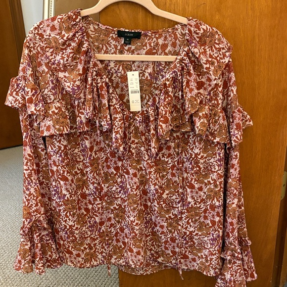 J. Crew Tops - J. Crew Floral Ruffle Blouse - Red and Brown